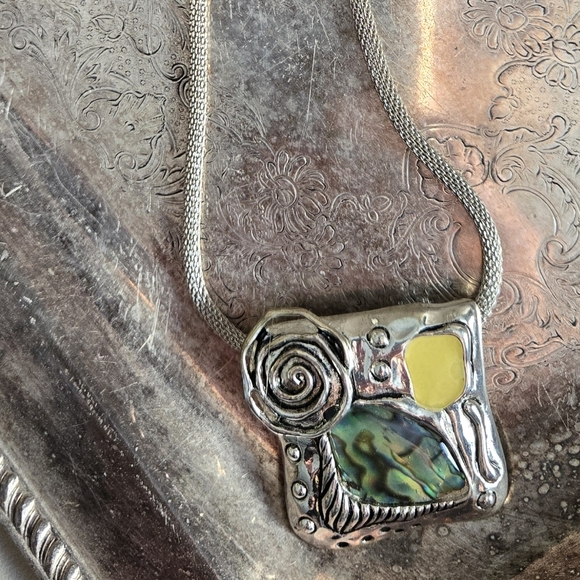 Abalone Pendant Necklace Artsy Artist Made & Yellow Stone Silver Tone Statement - Picture 15 of 15